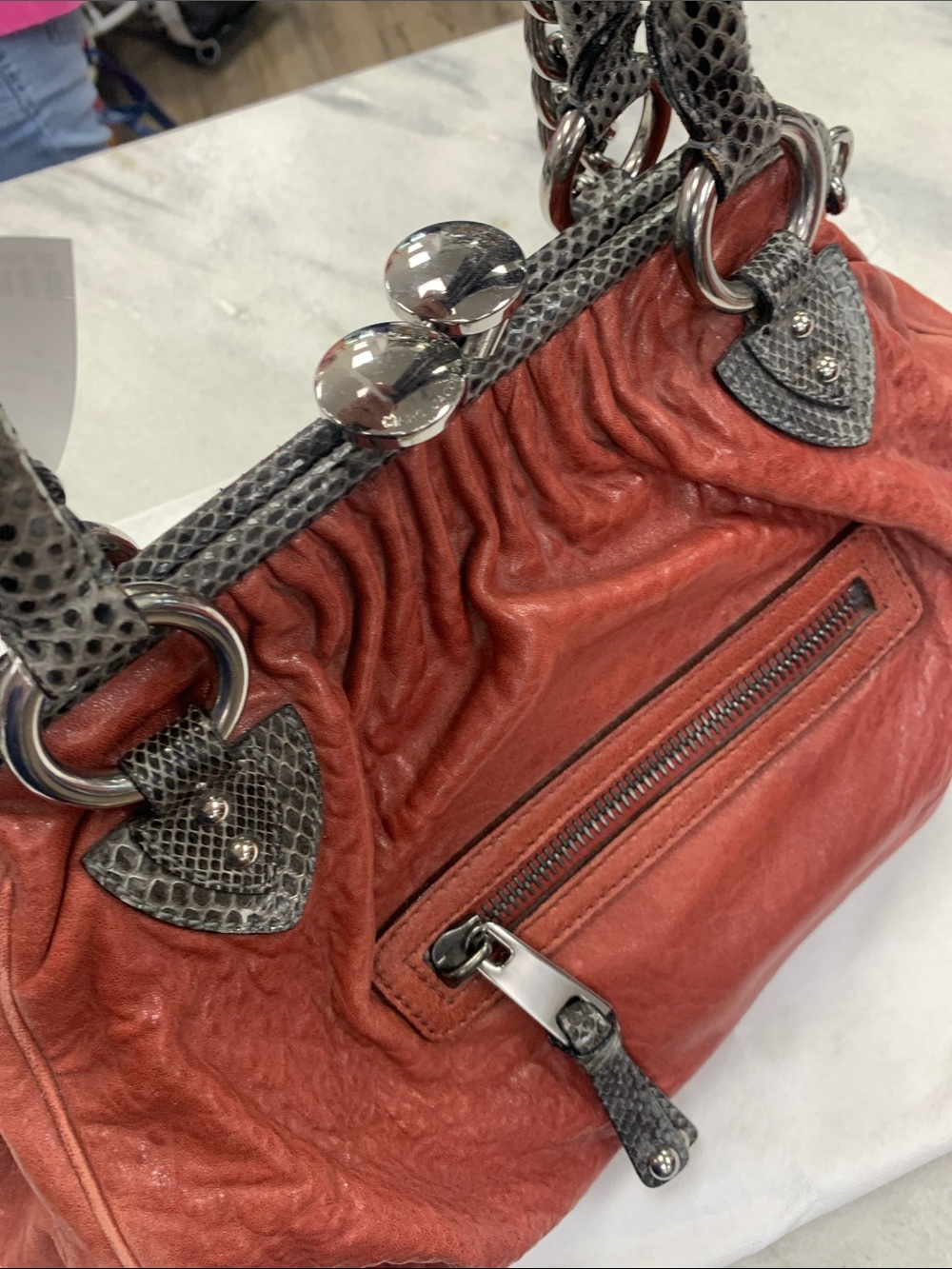 Marc Jacobs Rust Red Leather Shoulder Bag with Gray Snake-Trim and Silver Chain - Picture 4 of 11